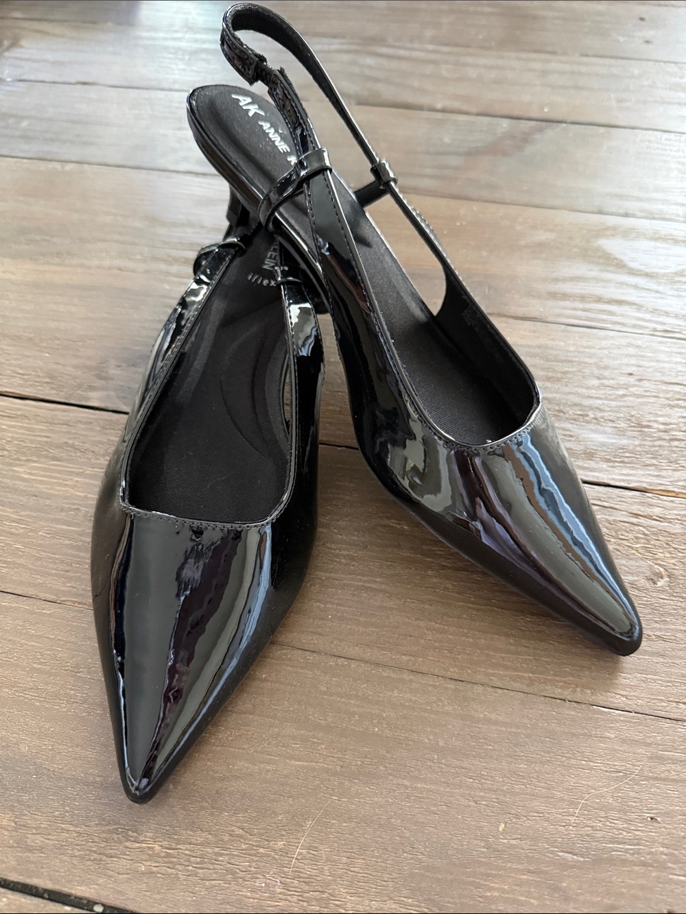 Anne Klein Black Patent Pointed-Toe Slingback kitten heels